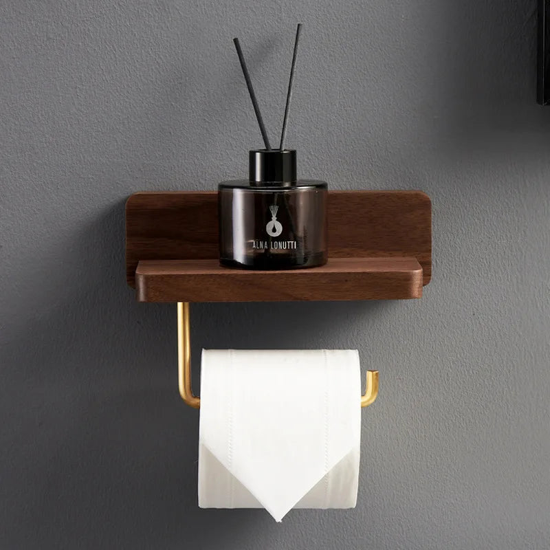 porte rouleau papier toilette étagère murale moderne bois marron foncé métal doré diffuseur parfum