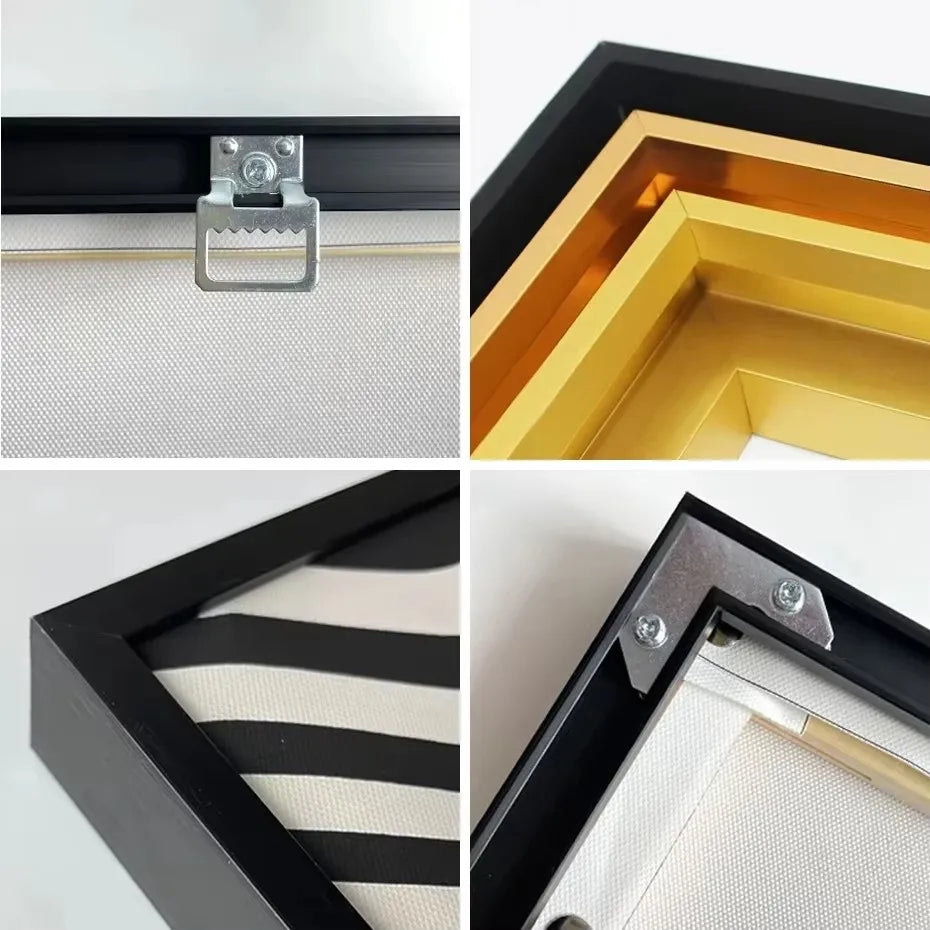 peinture abstraite toile impression contemporaine cadre aluminium noir doré minimaliste mur décoration maison clips