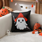 housse coussin halloween fantômes crânes chapeaux sorcière noire blanche orange adhésive carrée polyester 40x40cm