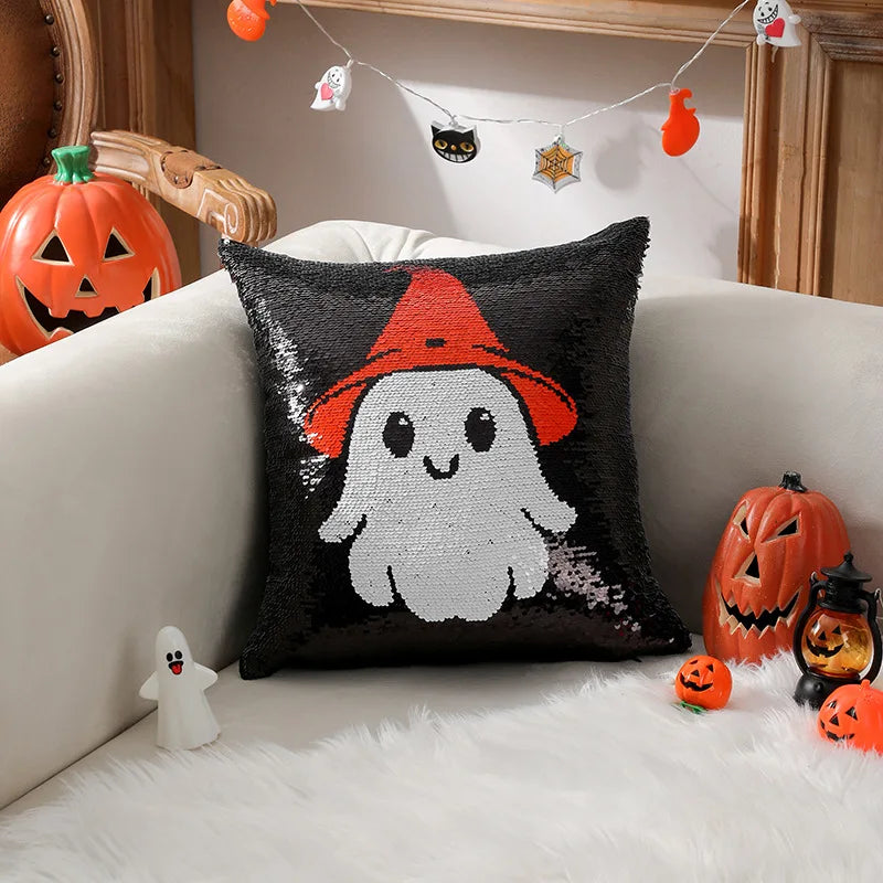 housse coussin halloween fantômes crânes chapeaux sorcière noire blanche orange adhésive carrée polyester 40x40cm