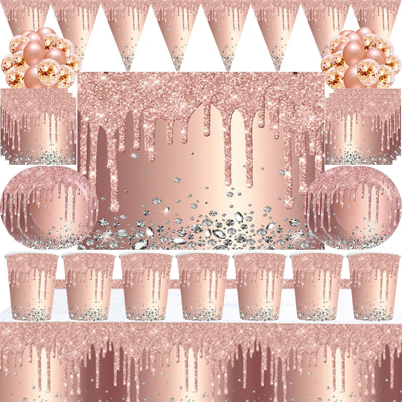assiettes rose glitter dorées serviettes nappe festive anniversaire mariage décoration table événement festif