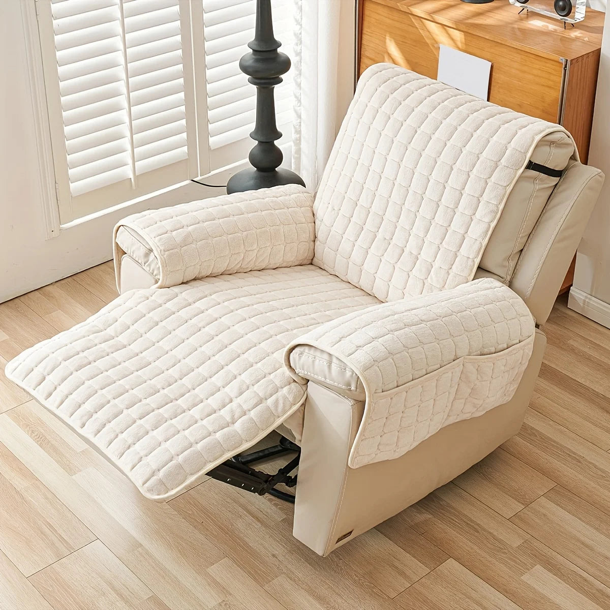 housse chaise coussin gris quadrillé moderne confortable adhésif poches polyester 190cm longueur