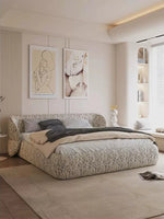 lit tissu texturé tête lit moderne minimaliste beige gris blanc chambre coucher matériaux bois