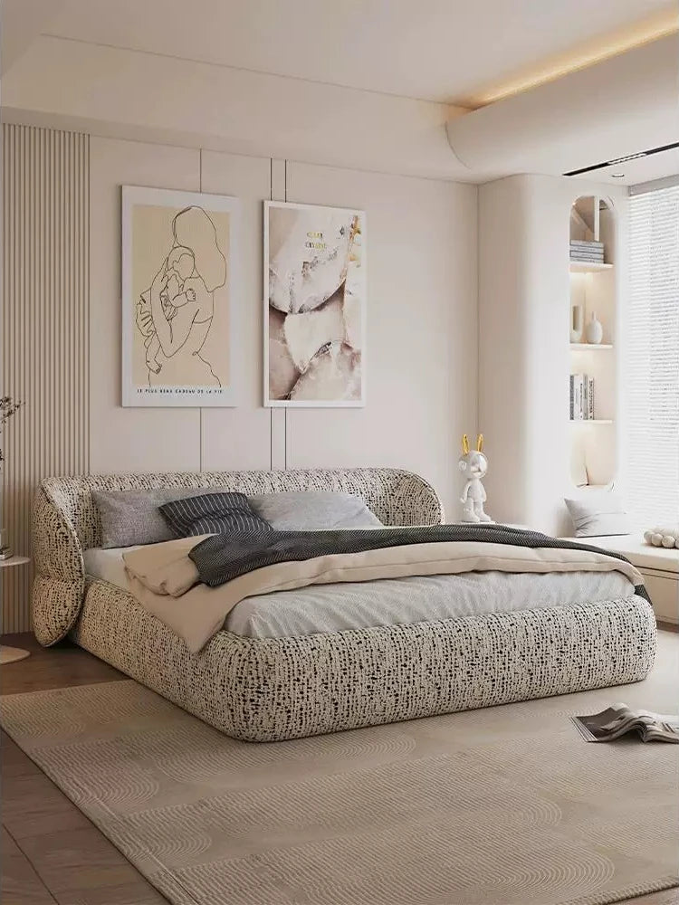 lit tissu texturé tête lit moderne minimaliste beige gris blanc chambre coucher matériaux bois