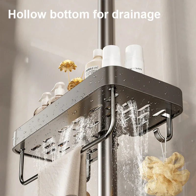 étagère douche moderne aluminium gris lisse salle bain fixée sans percer plateau shampooing cosmétique