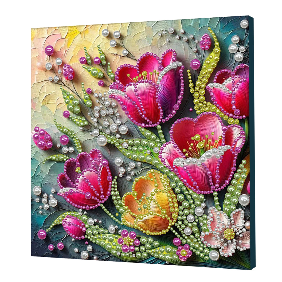 tableau décoratif fleurs coquillages art floral brillant rose violet bleu vert blanc moderne adultes