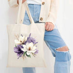 sac main toile beige fleurs blanches violettes poignées réutilisable écologique multifonctionnement