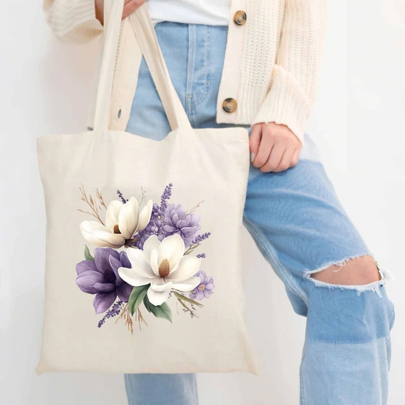 sac main toile beige fleurs blanches violettes poignées réutilisable écologique multifonctionnement