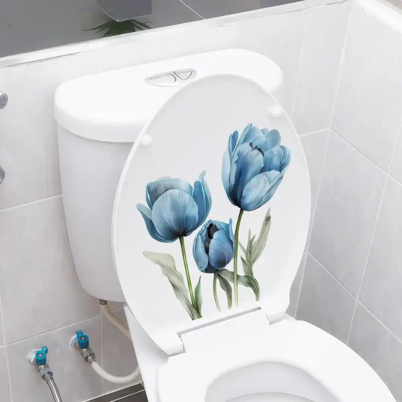 cache wc adhésif fleurs pivoines marguerites tulipes blanc classique salle bain autocollant