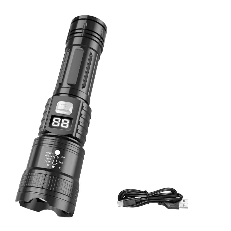 lampe torche led rechargeable zoom télescopique lumière intense mode réglable rainures antidérapantes noire moderne