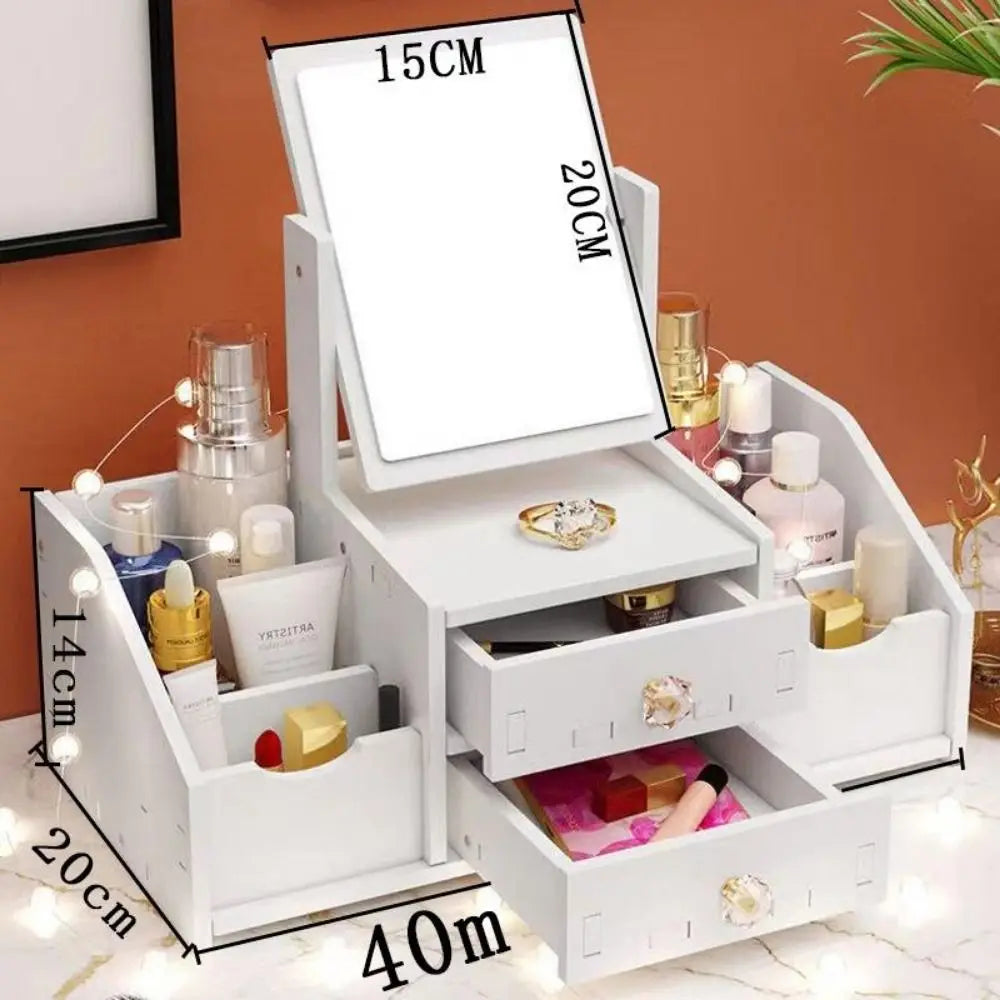 meuble rangement blanc moderne tiroirs miroir rond compartiments cosmétiques