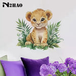 sticker mural illustration lionceau feuilles vertes orange chambre enfant salon decoration maison