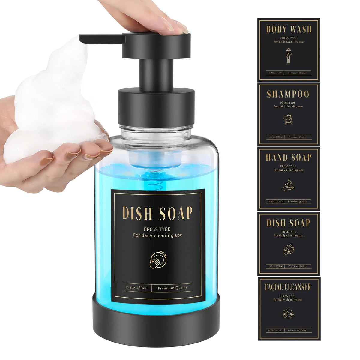 distributeur savon liquide noir bleu clair moderne minimaliste transparent pompe pression étiquette noire texte