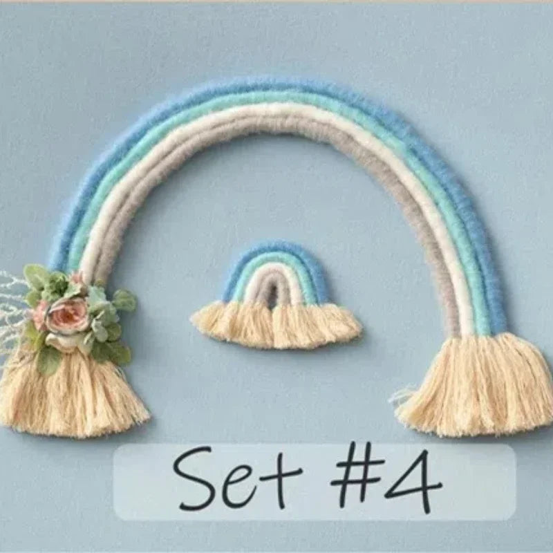 décoration arc ciel tissé franges bohème artisanal nouveau né photo chambre bébé rose blanc