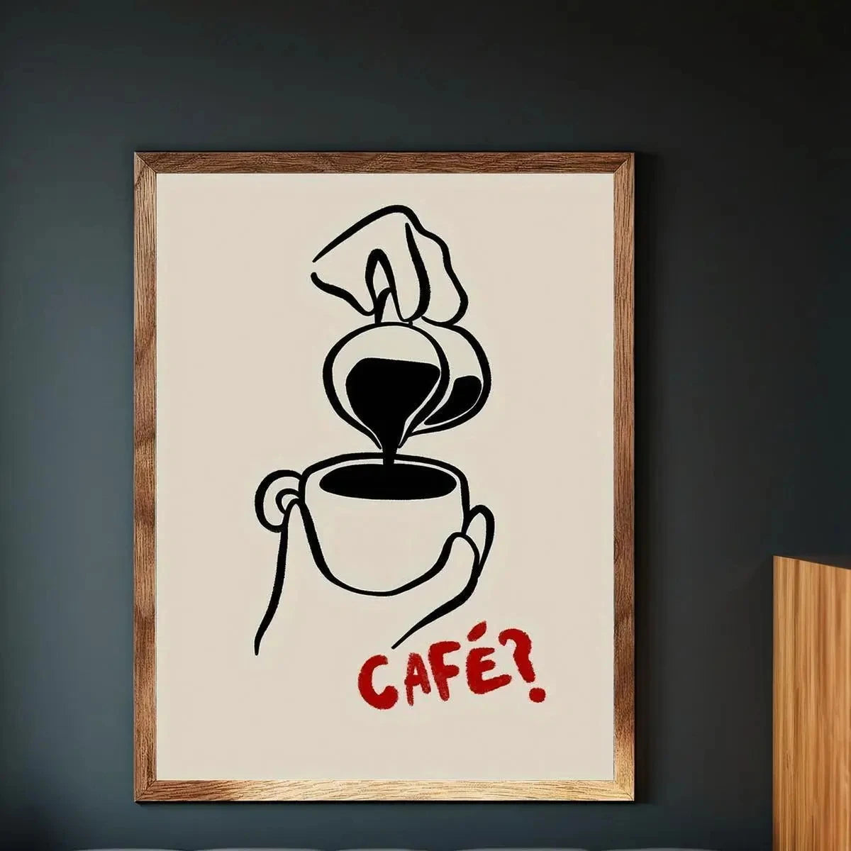 affiche minimaliste tasse illustration rouge texte question decoration mur salon beige noir