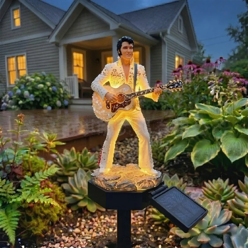 statue musicale elvis blanc doré strass brillant extérieur piquet base noire