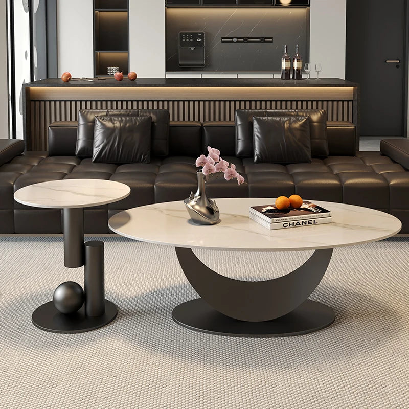 table basse ovale moderne blanche effet marbre gris salon meuble bois luxe