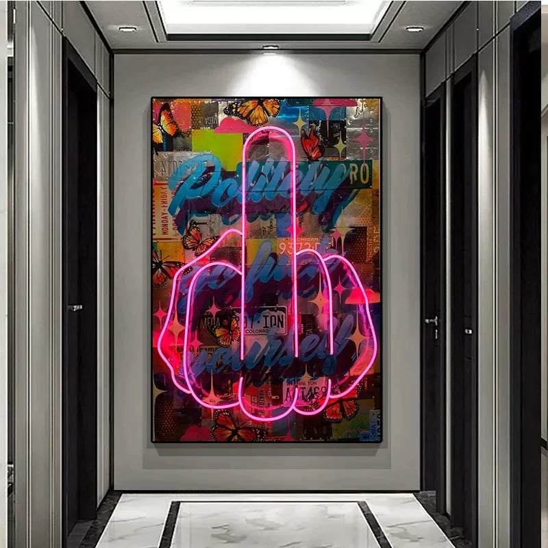 affiche pop art abstraite toile rose papillons lettres graphiques décoration maison salon chambre