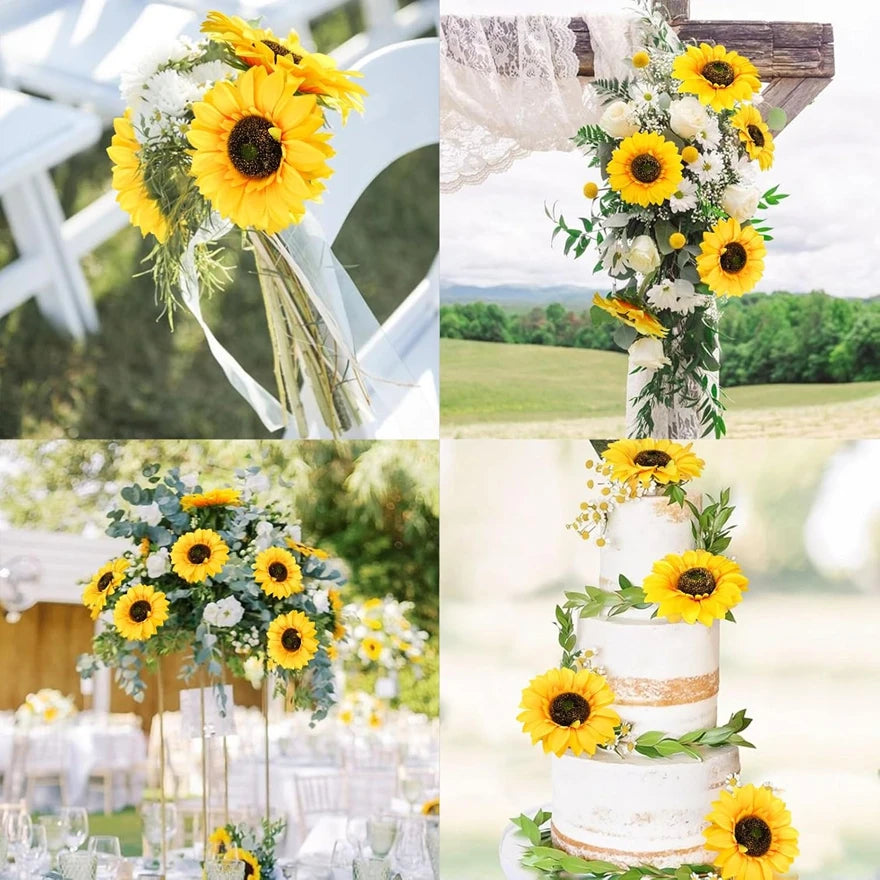 bouquet fleurs artificielles tournesol jaune feuilles vertes deco moderne exterieur intérieur fête anniversaire mariage