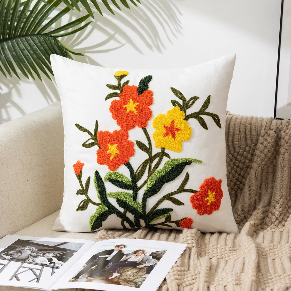 taies d'oreiller fleurées moderne decoration maison 45x45cm polyester coton lin blanc