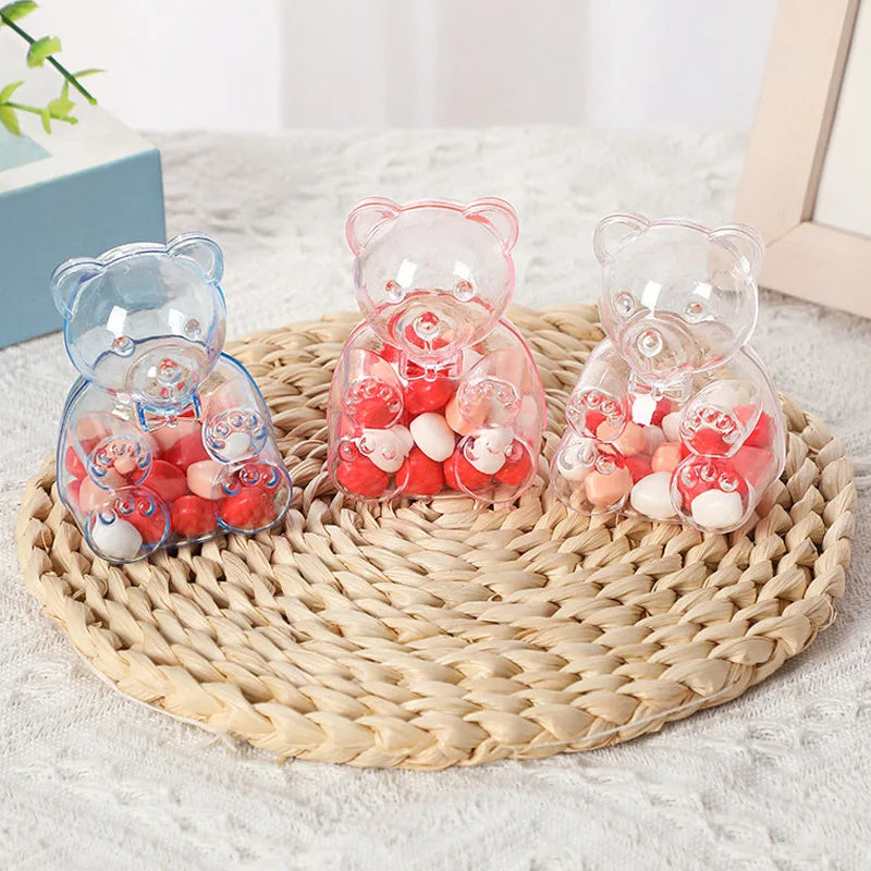 boîtes bonbons ours transparentes rose clair contemporaines mignonnes coeurs rouges blancs oranges mariage snacks