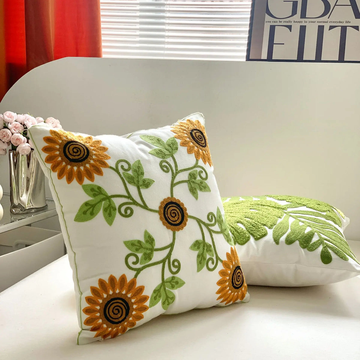 taies d'oreiller décoratives fleur brodées polyester coton respectueux environnement jacquard blanc vert violet turquoise