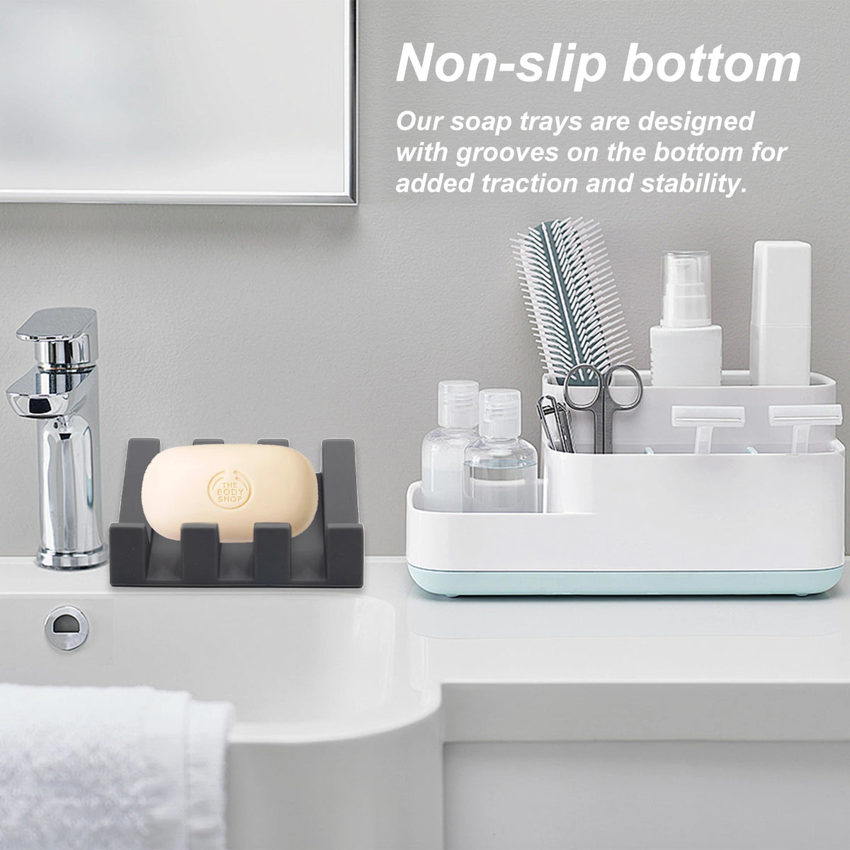 support savon moderne silicone couleur noir vert clair motif abstrait sourires texture douce salle