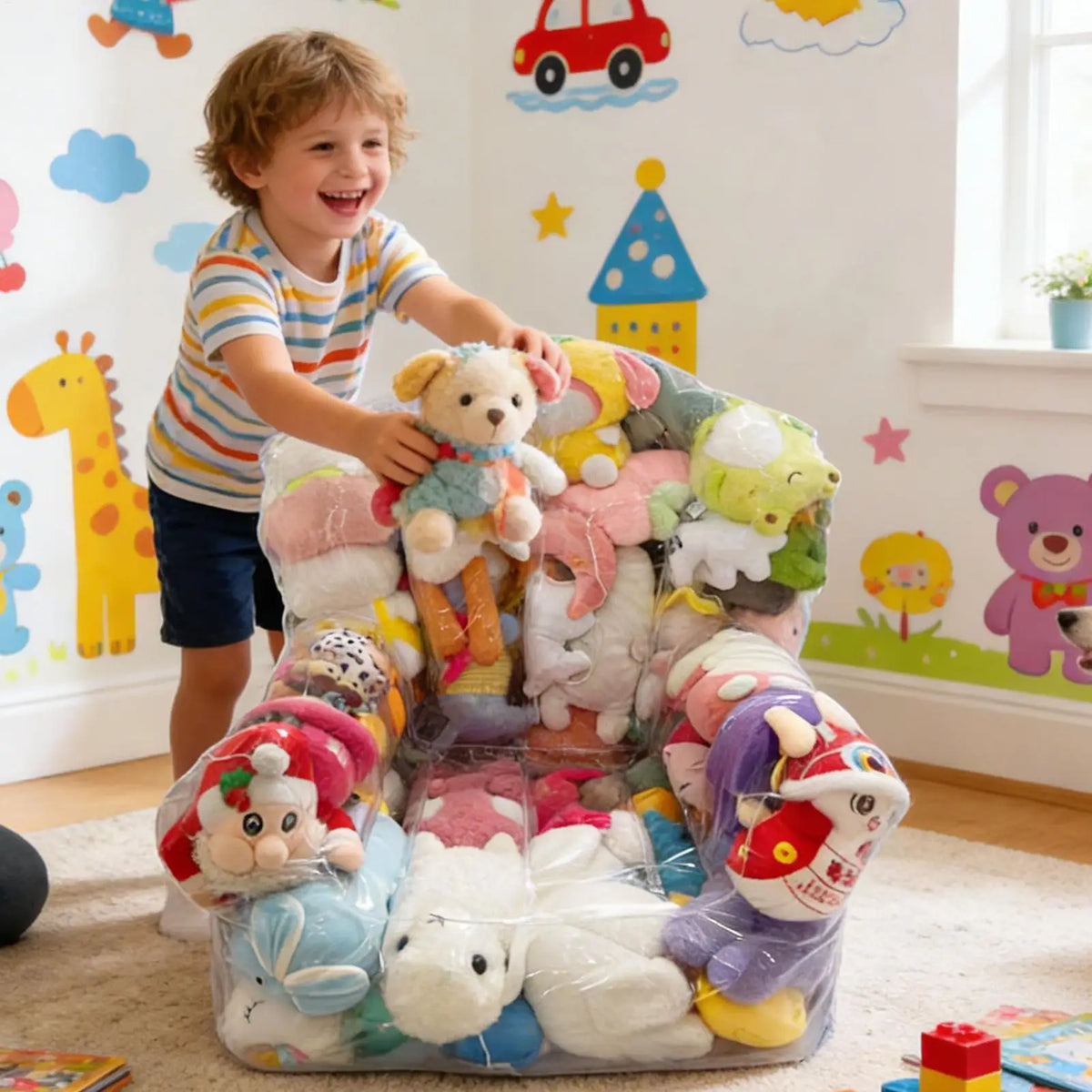 fauteuil rembourré multicolore animaux confortable moderne pieds bois peluches chambre enfant jouets organisation