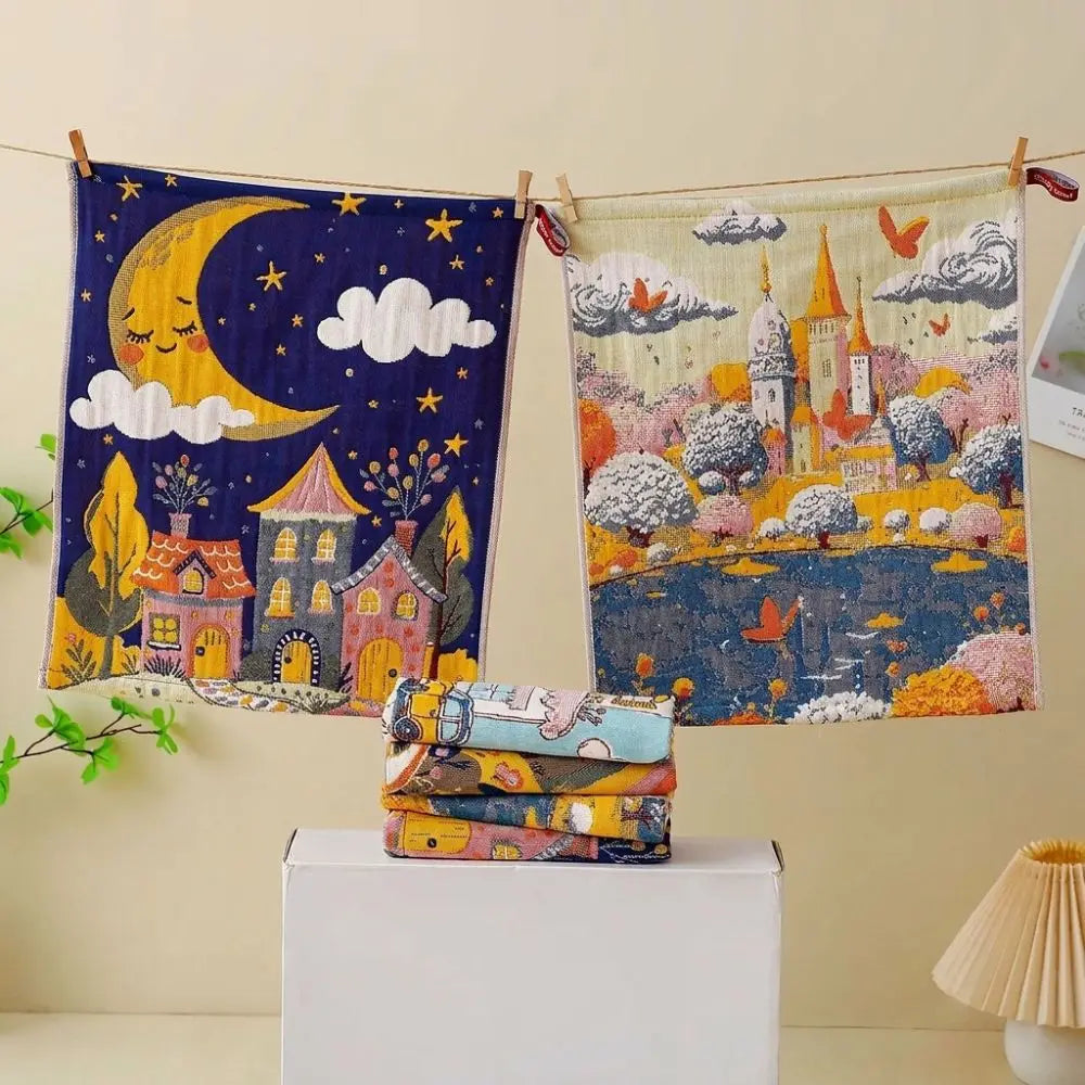 serviettes cuisine bleu jaune orange motifs floraux nuages soleil 34x40cm clips pinces illustratif enfantin
