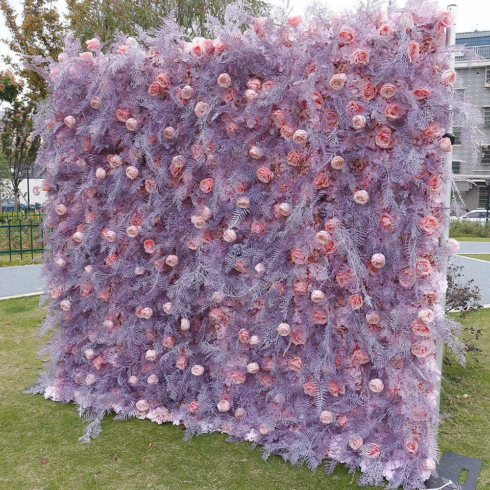 panneau mural fleurs artificielles roses violets decoration mariage moderne floral romantique