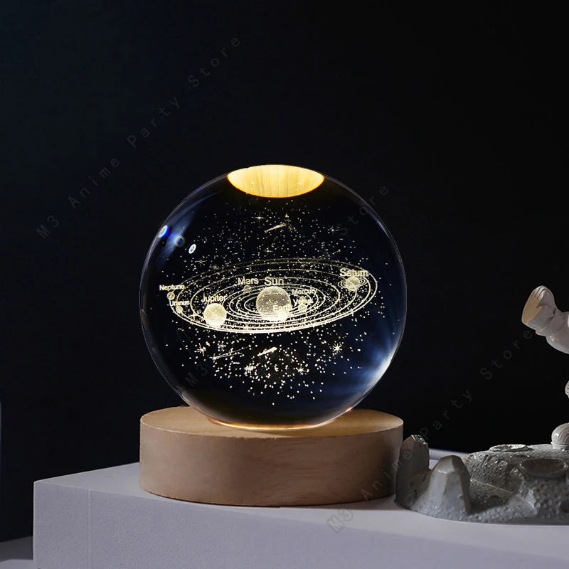 veilleuse globe céleste transparent doré planètes galaxie câble usb base bois deco chambre