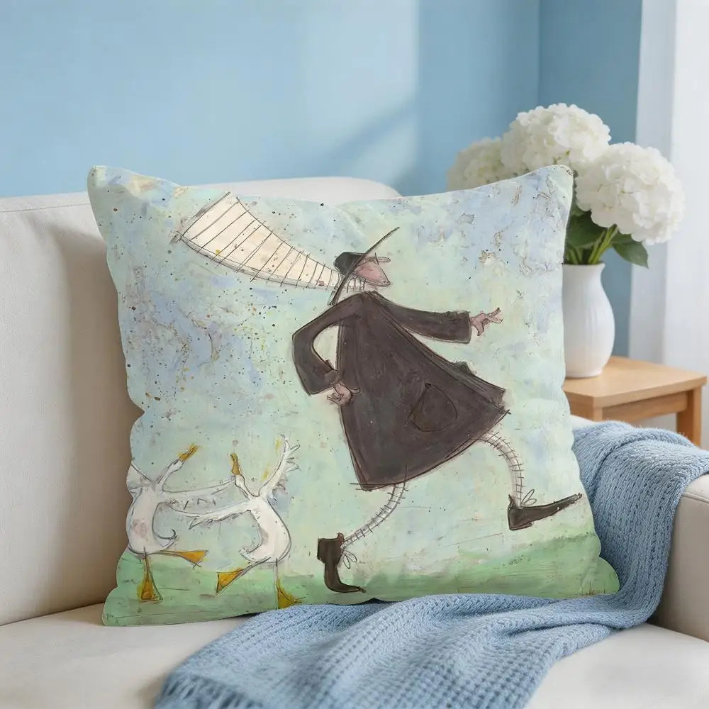 housse coussin carrée motif sorcière oiseaux cartoon polyester bleu clair gris vert zip 30x30cm