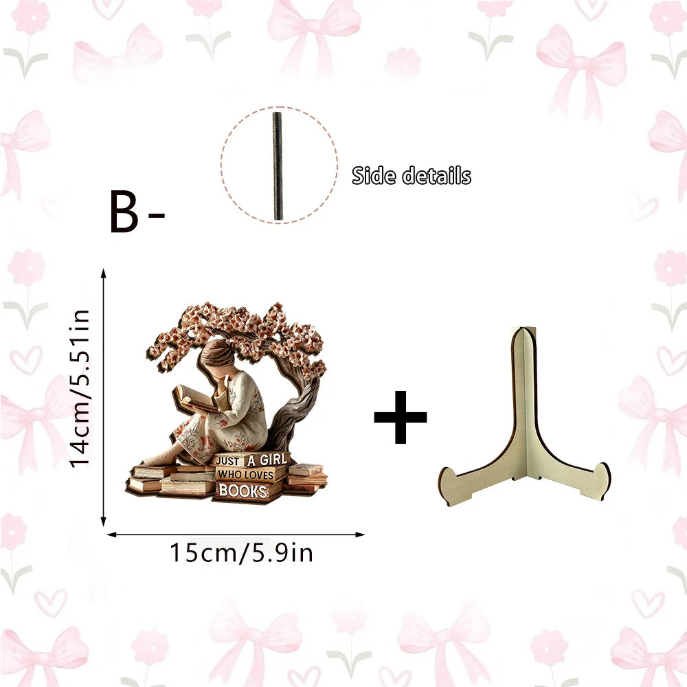 figurines bois fille lecture supports livres fleurs vases tulipes lavande théière bougiesDecorationChampetreSpirituelle