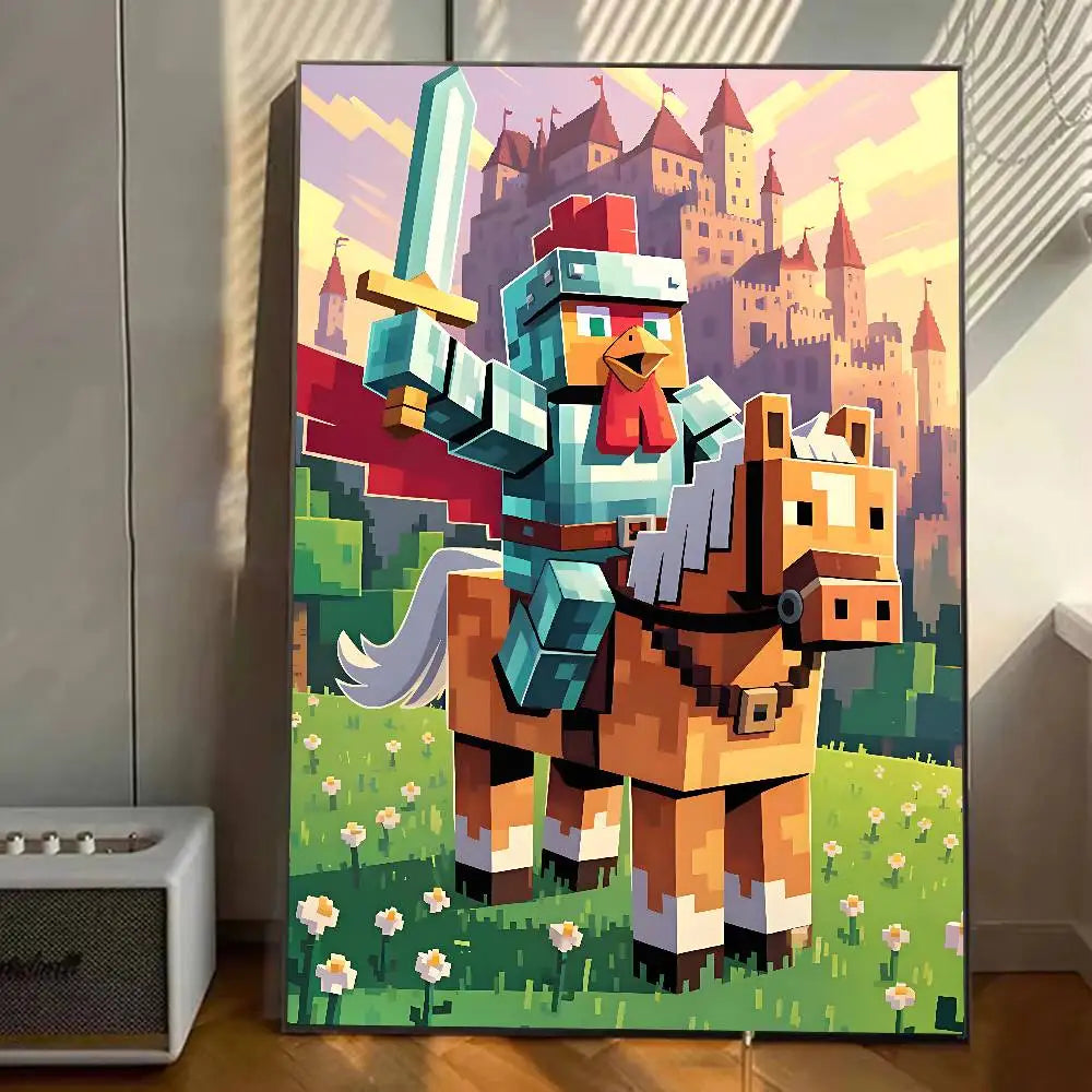 affiches art numériques pixel retro jeu vidéo animaux couleur rose blanc vert bleu gris