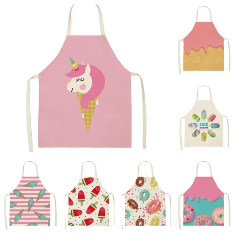tablier cuisine lin imprimé crème glacée glace donuts moderne enfant adulte rose blanc bleu
