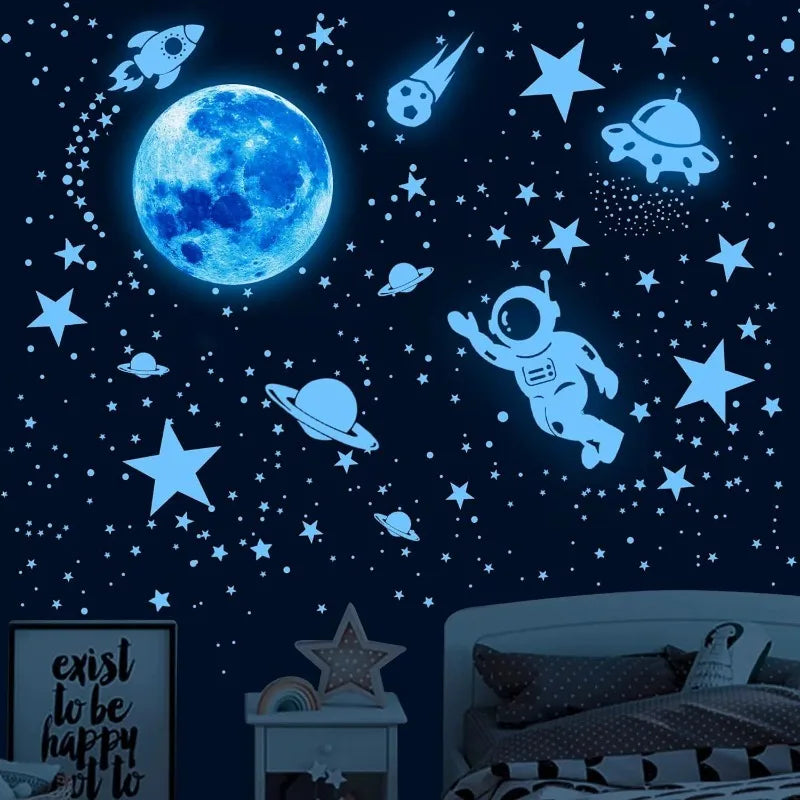 stickers muraux bleu étoiles astronautes planètes fusées décoration enfant spatial adhésif ludique chambre magique