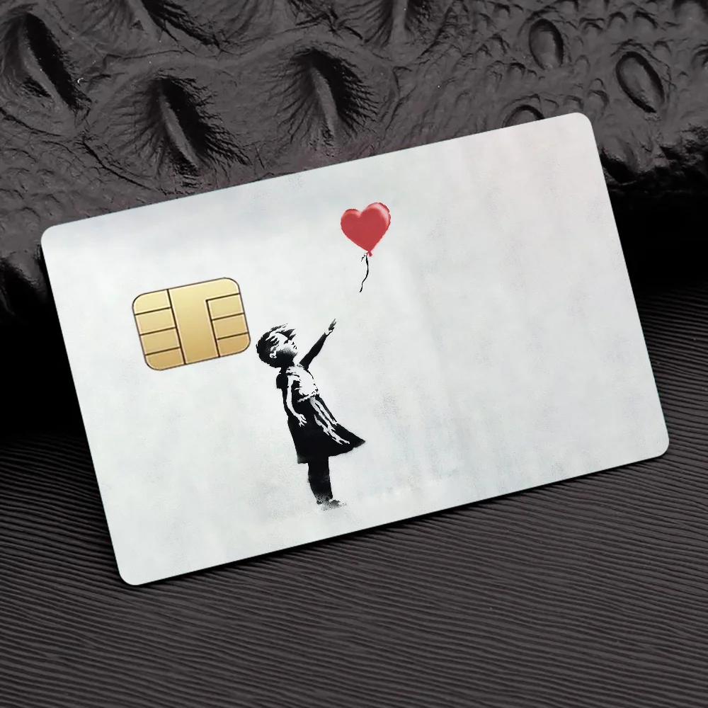sticker pop art fille ballon cœur fond grunge carte bancaire waterproo réutilisable