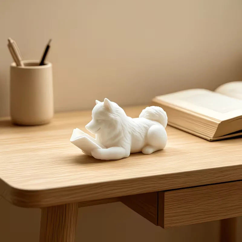 statue chien couché livre ouvert blanc noir décoration intérieur 10cm longueur 5cm hauteur festive