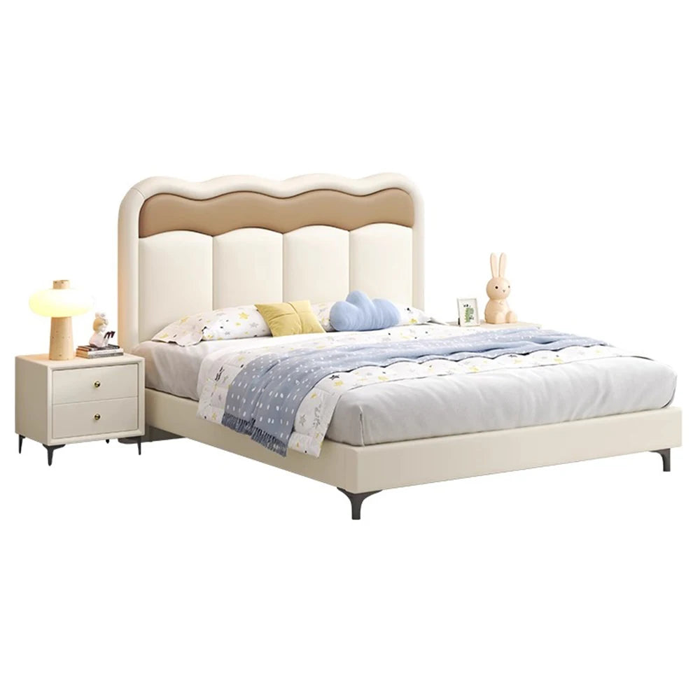 lit double moderne beige simili cuir oreiller coussin blanc dimensions 120x200cm