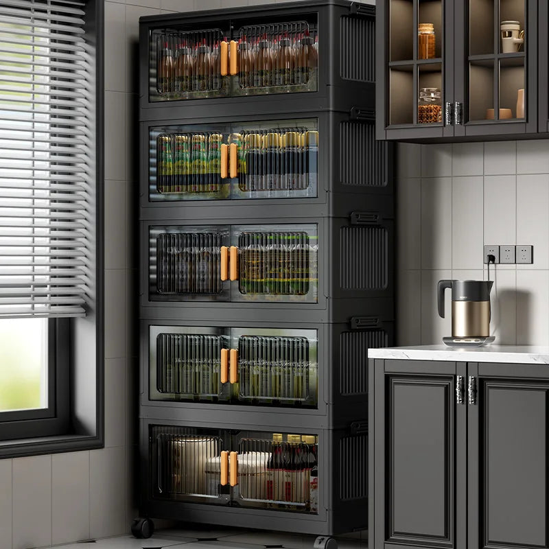 rangement modulaire meuble noir panneaux transparents poignées dorées roulettes facile assembler chambre salon cuisine