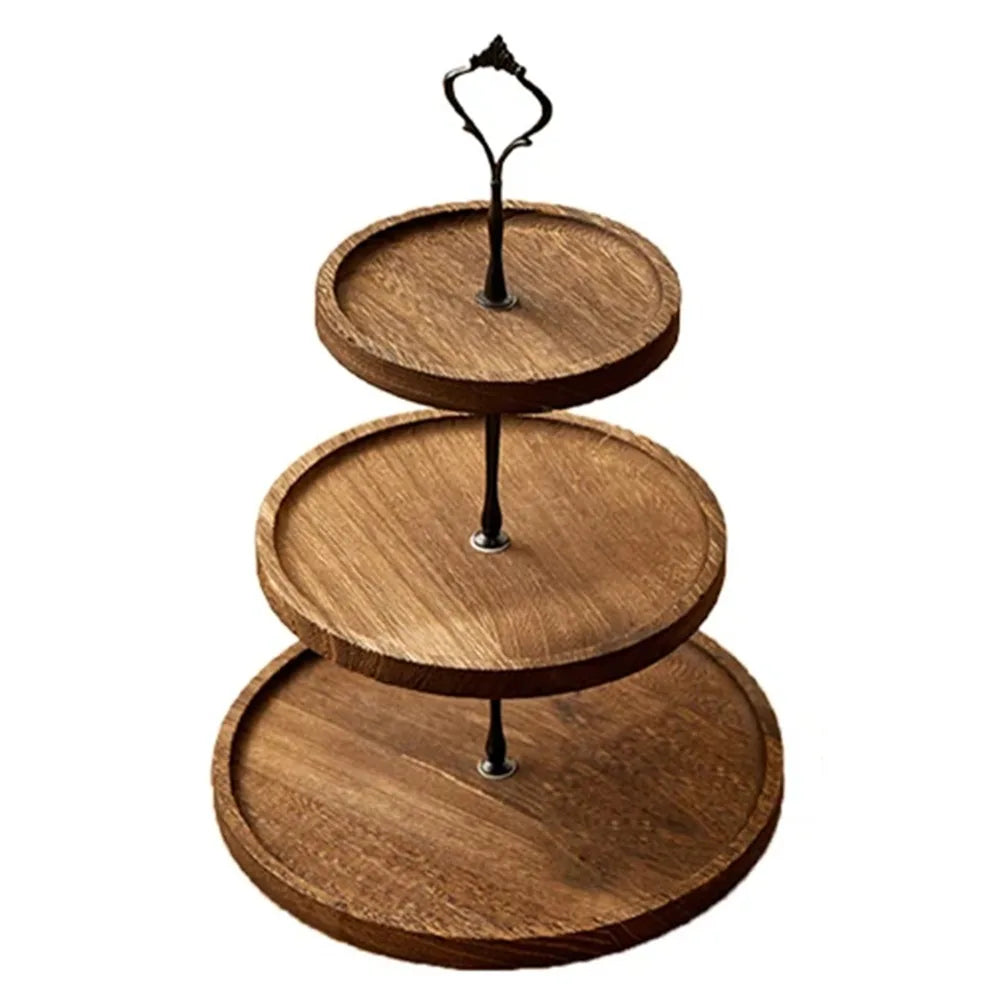 présentoir gâteaux trois étages texture bois rustique gris brun marron fixations métal vintage pain