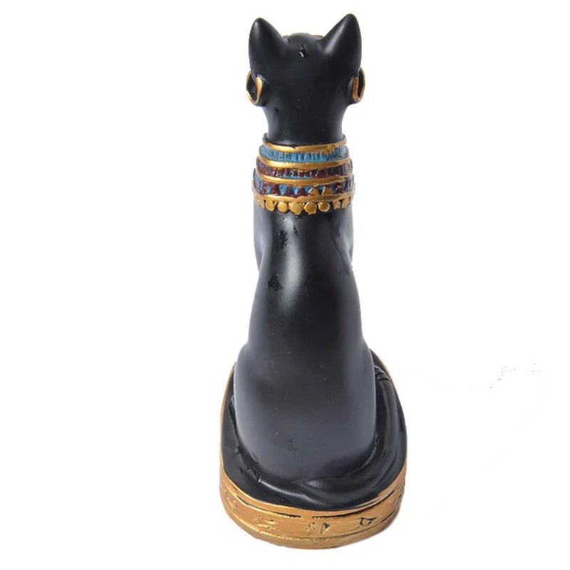 statuette égyptienne ancienne chat ornements hiéroglyphes noir blanc doré