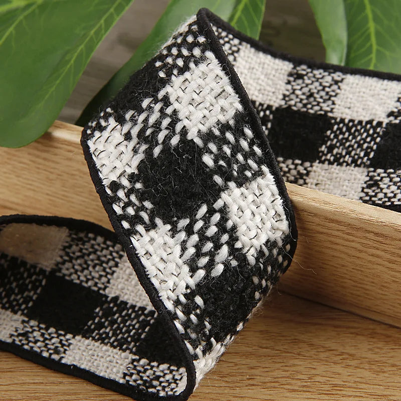 ruban carreaux polyestère noir blanc marron vert rose bleu clair tissé rustique double face