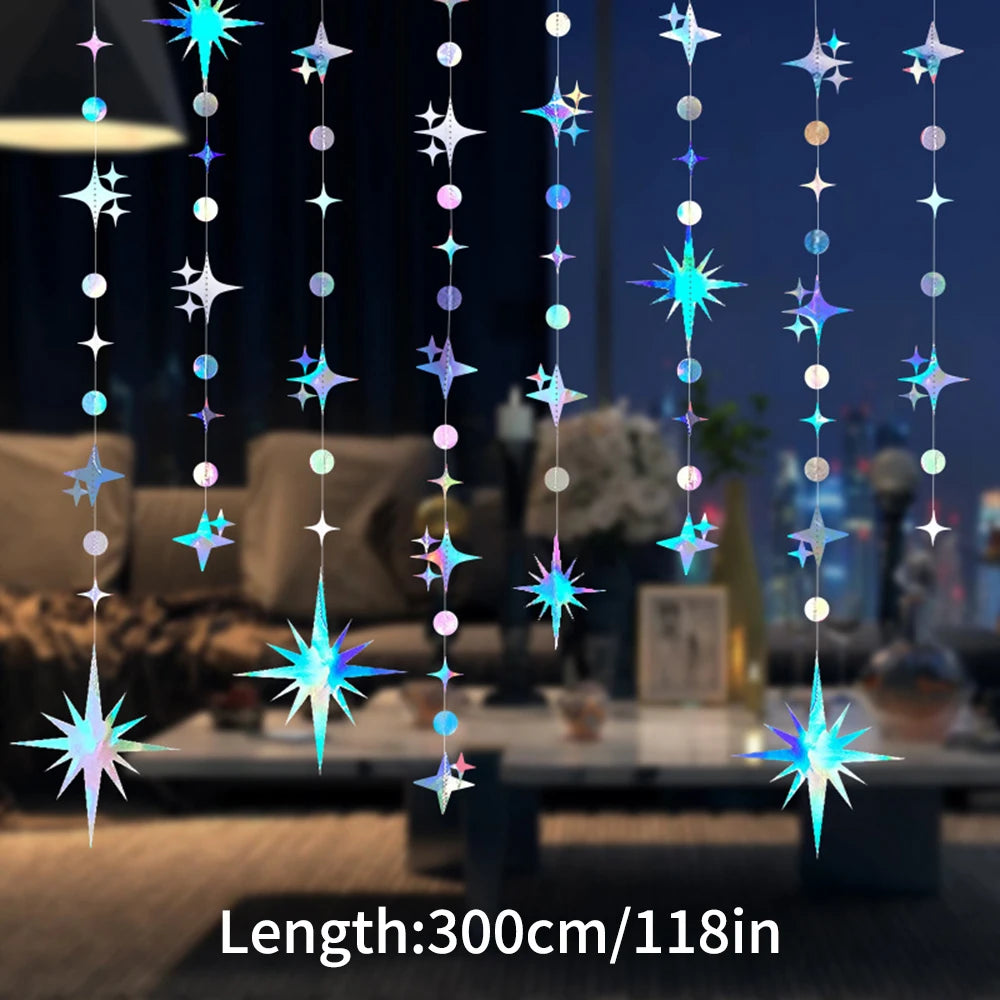 décoration suspendue guirlande lumineuse étoiles holographiques moderne bleu argenté violet rose blanc
