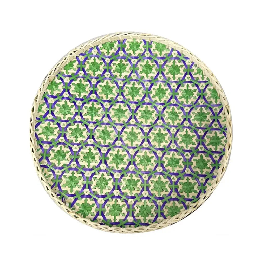 assiettes rotin naturel bleu vert marron motif géométrique tressé taille 15cm 25cm 35cm traditionnel