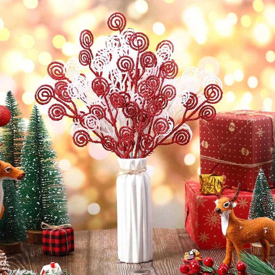 bouquet artificiel rouge doré extérieur décoration noël branches vertes guirlande lumineuse festive spirales brillantes