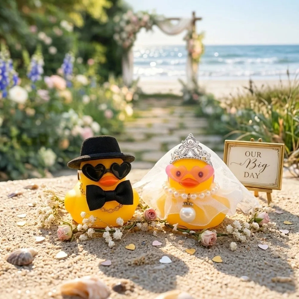 canards caoutchouc mariage chapeau haut forme voile lunettes décoration festive argenté rose