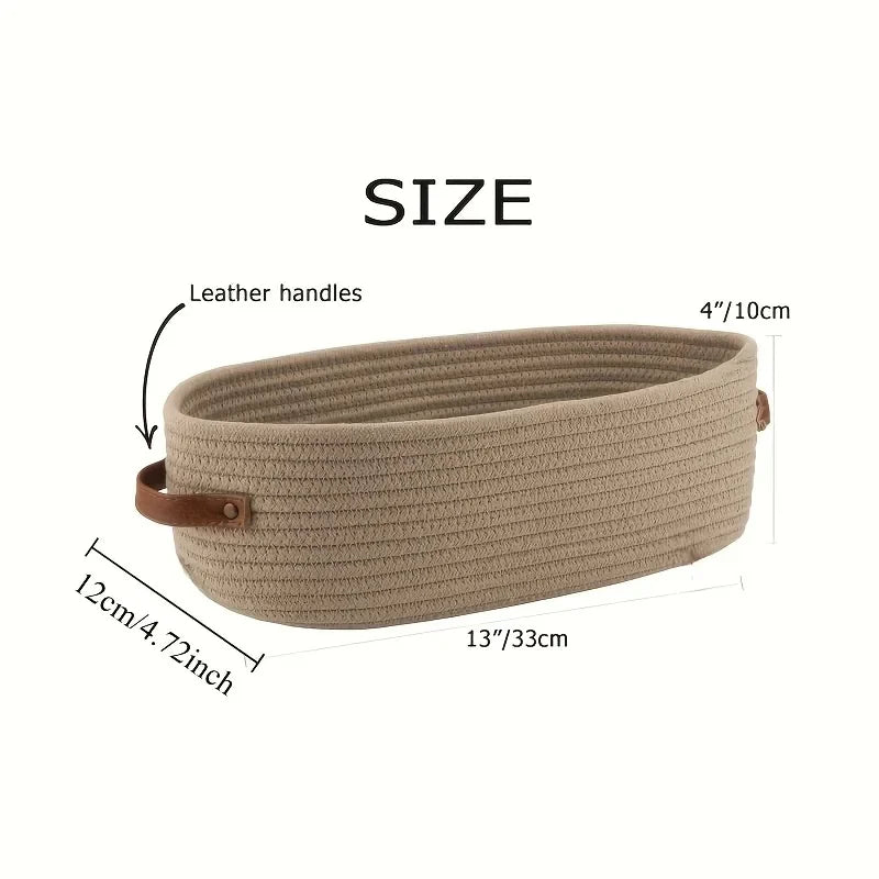 panier rangement ovale tissé coton beige blanc moderne poignées cuir salle bain