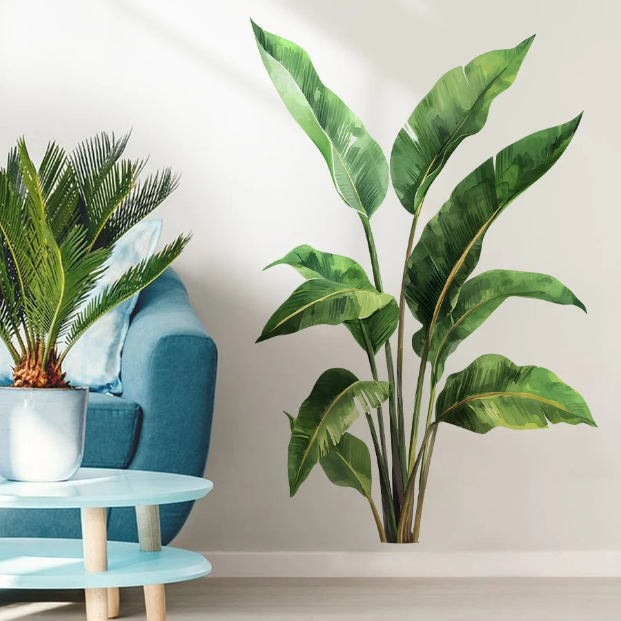 sticker mural moderne feuilles plante tropicale vert brun autocollant imperméable chambre salon étude cuisine