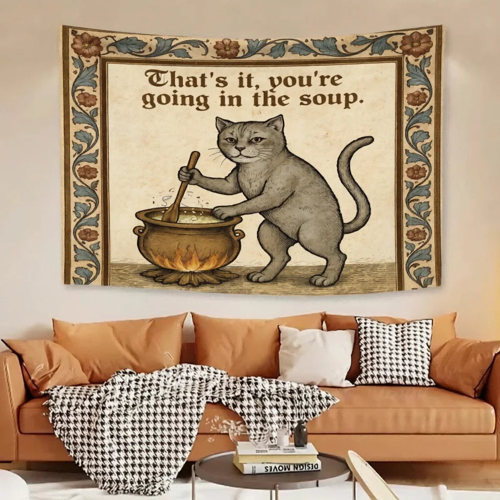 tapisserie vintage chat motif animal compagnie beige gris humoristique